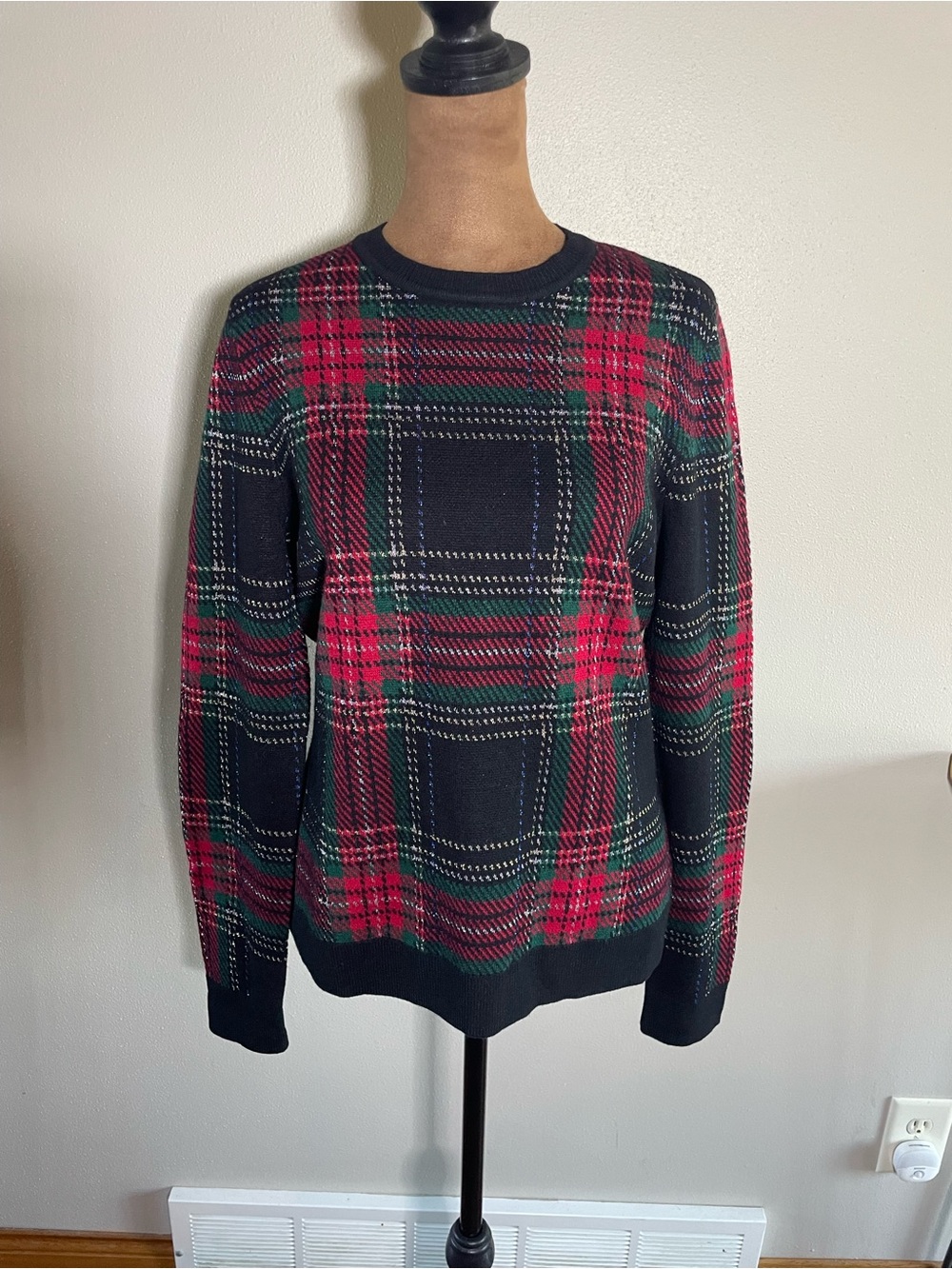 Brooks Brothers Women's Plaid Crewneck Sweater - Black, Red & Green